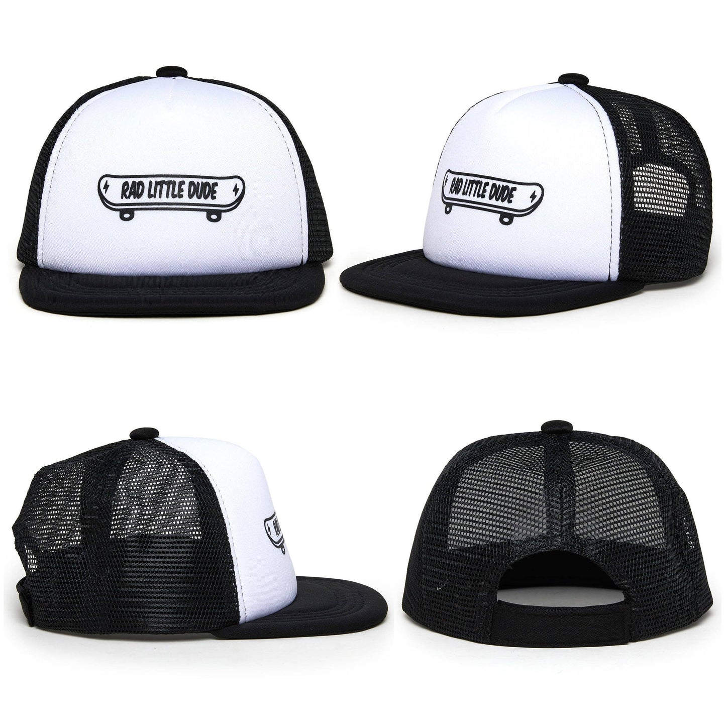 Flat Brim Trucker Hat - Rad Little Dude - White/Black