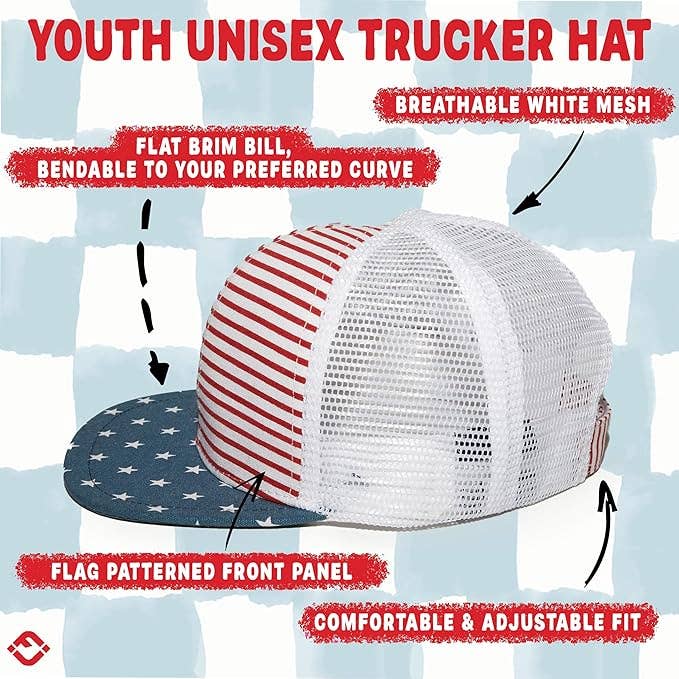 Flat Brim Trucker Hat - USA Flag - Red/White/Blue
