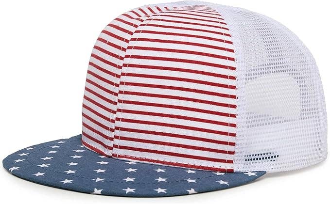 Flat Brim Trucker Hat - USA Flag - Red/White/Blue