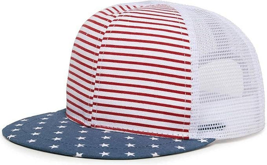 Flat Brim Trucker Hat - USA Flag - Red/White/Blue
