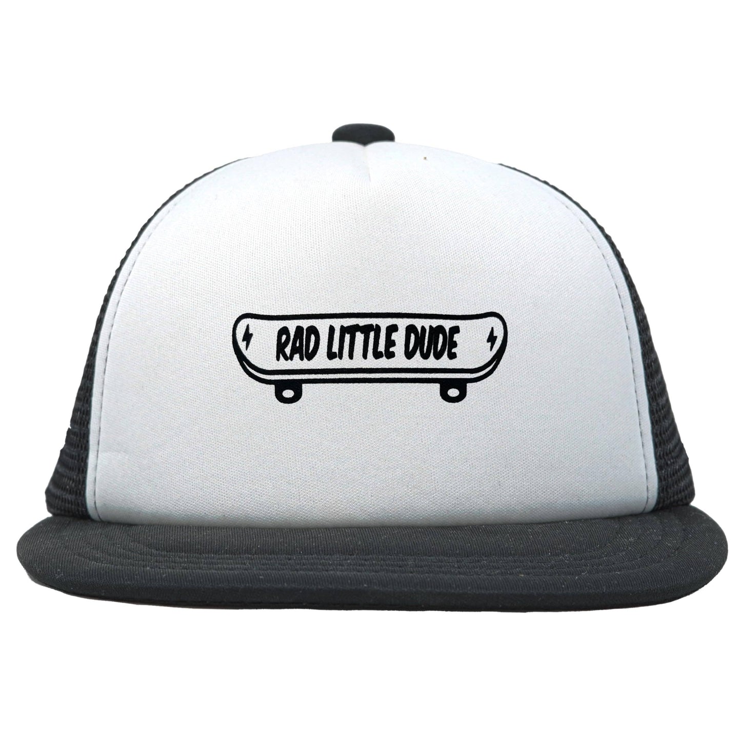 Flat Brim Trucker Hat - Rad Little Dude - White/Black