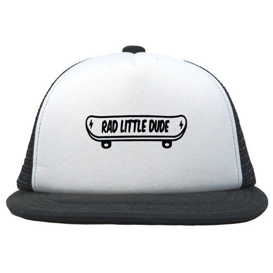 Flat Brim Trucker Hat - Rad Little Dude - White/Black